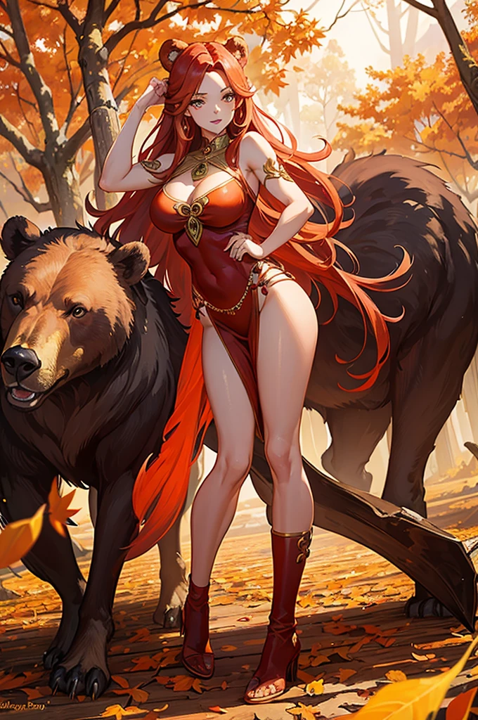 1 woman 35 years old, full body, Barbara with long red hair, muscular woman, large breasts, animal skin clothing, with a bear amulet, bone sword, amber eyes, light skin, angular features symmetrical facial features, 10,000 BC, in an autumn forest with orange leaves