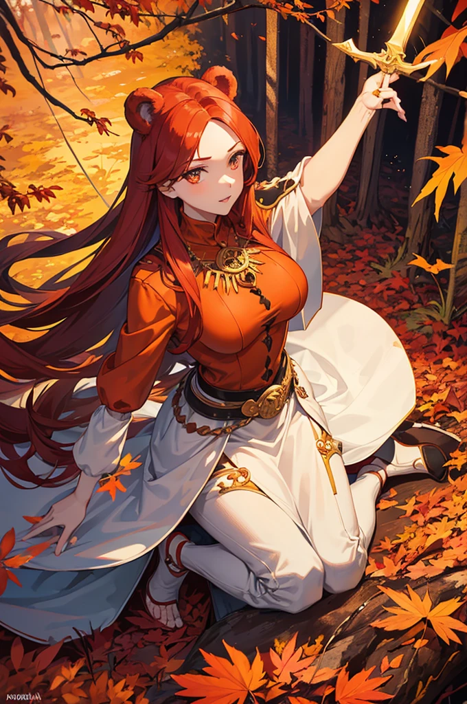 1 woman 35 years old, full body, Barbara with long red hair, muscular woman, large breasts, animal skin clothing, with a bear amulet, bone sword, amber eyes, light skin, angular features symmetrical facial features, 10,000 BC, in an autumn forest with orange leaves