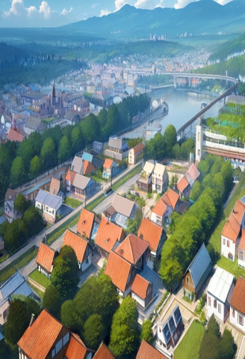 3D rendering, inner city, few house, big fluffy forest, muito few houses., tiny city, retro city, small town, retro houses, Wood, city near a forest, beautiful city, panoramic tour of the city, tiny city e bonita, aerial view from above,