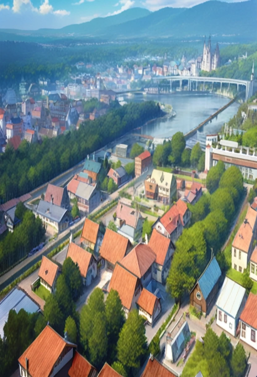 3D rendering, inner city, few house, big fluffy forest, muito few houses., tiny city, retro city, small town, retro houses, Wood,  city near a forest, beautiful city, panoramic tour of the city, tiny city e bonita, aerial view from above,