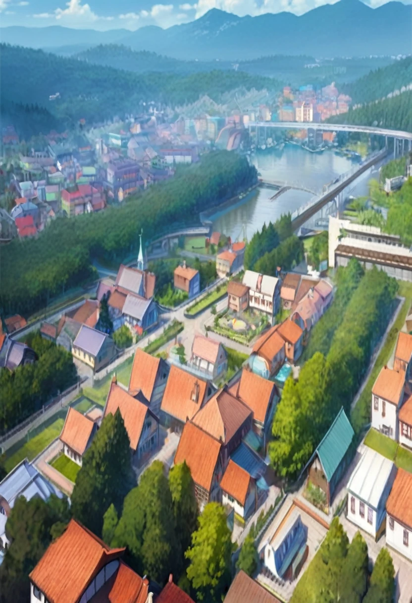 3D rendering, inner city, few house, big fluffy forest, muito few houses., tiny city, retro city, small town, retro houses, Wood, city near a forest, beautiful city, panoramic tour of the city, tiny city e bonita, aerial view from above,