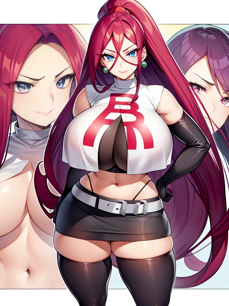 pokémo、big tits milf、big tits milf、big milf、Musashi、Red hair、arrogant and very selfish、Jessie Pokemon、solo、Team Rocket、gloves、all back、long hair、gem、skirt、belly button、thigh high socks、earrings、肘gloves、Team Rocketの、crop top、blue eyes、abdomen、white background、belt、黒いgloves、very long hair、simple background、smile、black stockings、purple hair、look at viewer、chest、白いskirt、ミニskirt