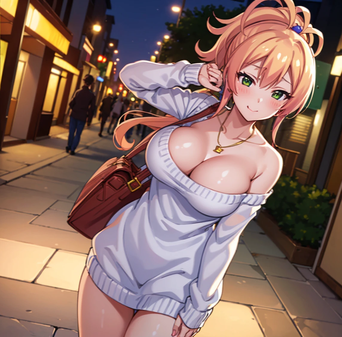 ((1girl)), ((alone)),Yukana Yame, ((extremely detailed CG unity 4k wallpaper)), (masterpiece), (ultra quality), (ultra detailed), (best illustration), (best shadow), (extremely detailed), looking at viewer, (absurdities), (detailed background), curvy body, dynamic pose, cowboy photo, large breasts, medium waist, wide hips, wide thighs, round butt,((jewelry , alone, blonde hair, ring, sweater, smile, green eyes, bag, bare shoulders, necklace, heart, heart necklace, off-the-shoulder sweater, blush, ponytail, multi-colored hair, long hair, bag, hair between eyes, cleavage, big breasts, bare shoulders, closed mouth, dress, faded hair, collarbone, bangs, white sweater, wedding ring, long sleeves, high ponytail )),smile, mouth closed)), standing, cowboy photo, backlight, ((solo)), ((standing: 1.4, exterior, cityscape, streets, night, city lights, (seductive expression, blushing, sexy, mouth closed, sexy pose), looking forward, back, ((focus on breasts), point of view: (from middle), perfect anatomy, perfect hands,