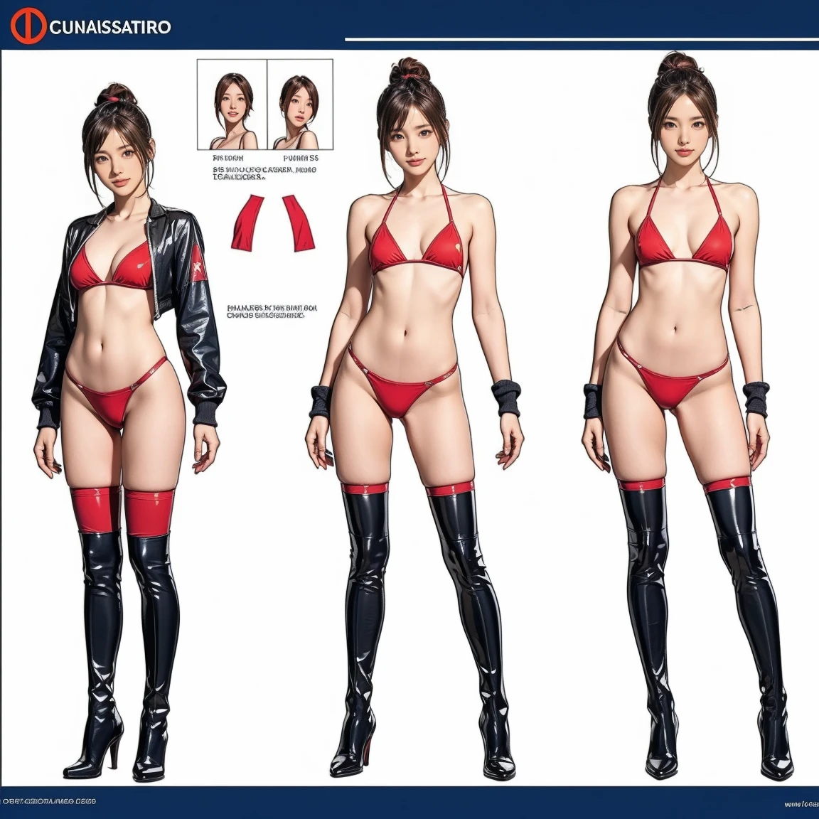 ((masterpiece)),(((Highest quality))),((Character design sheet)),Thin thighs,Long legs,student:1.5，The best smile:1.5，Full Body Shot:1.5，Blue sky and buildings:0.5，Wearing black thigh-high boots:1.5，NSFW:1.5，Sexy red micro bikini:1.5