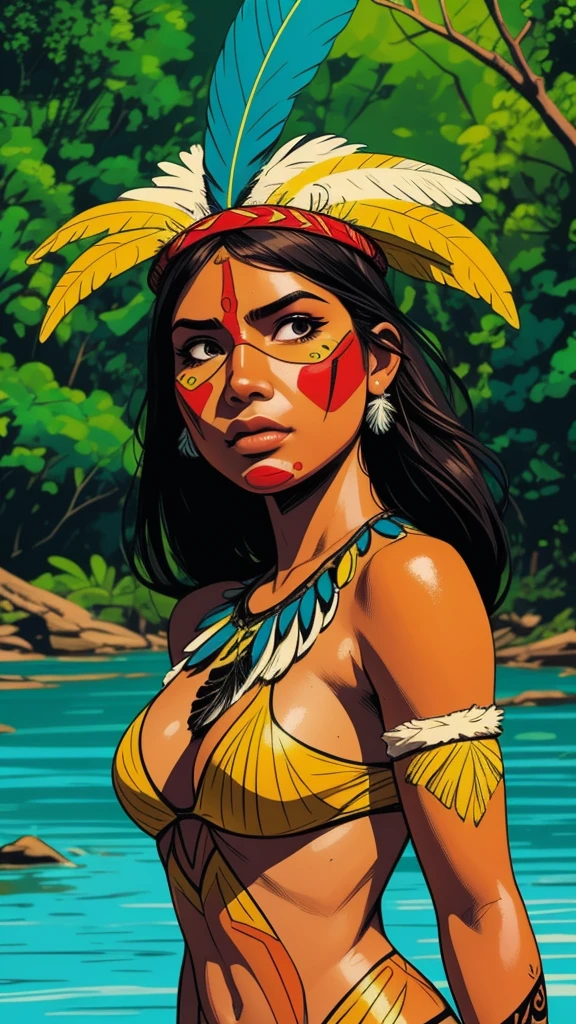 Comic art, digital paint. A beautiful indigenous girl in native with feathers and feathers on her head, amazon indian peoples in brazil, beautiful young female brazilian Native girl, paint face, hot body, Yanomami Indian in typical costumes,High quality. Amazonia forest and river Background. vivid colors, cinematic lighting. detailed, intricate, detailed face.