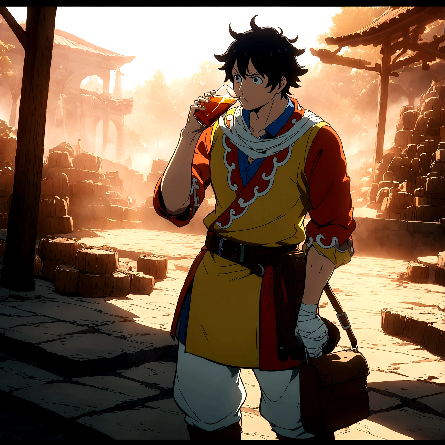 35-year-old small human, unkempt appearance, small and sturdy body, disheveled hair and smart eyes, pointed nose, tired look due to drinking, hands wrapped in bandages, mengigo's clothes with a short tunic, pants and light boots, carries a small leather bag attached to his belt with small bottles of liquor, "Anime design inspired by One Piece, filled with dramatic and impressive lighting, infused with creative details, ultra-fine 2D design, scenery bathed in creativity, boasting 2D anime resolution clarity, HD anime graphics, high-octane rendering"