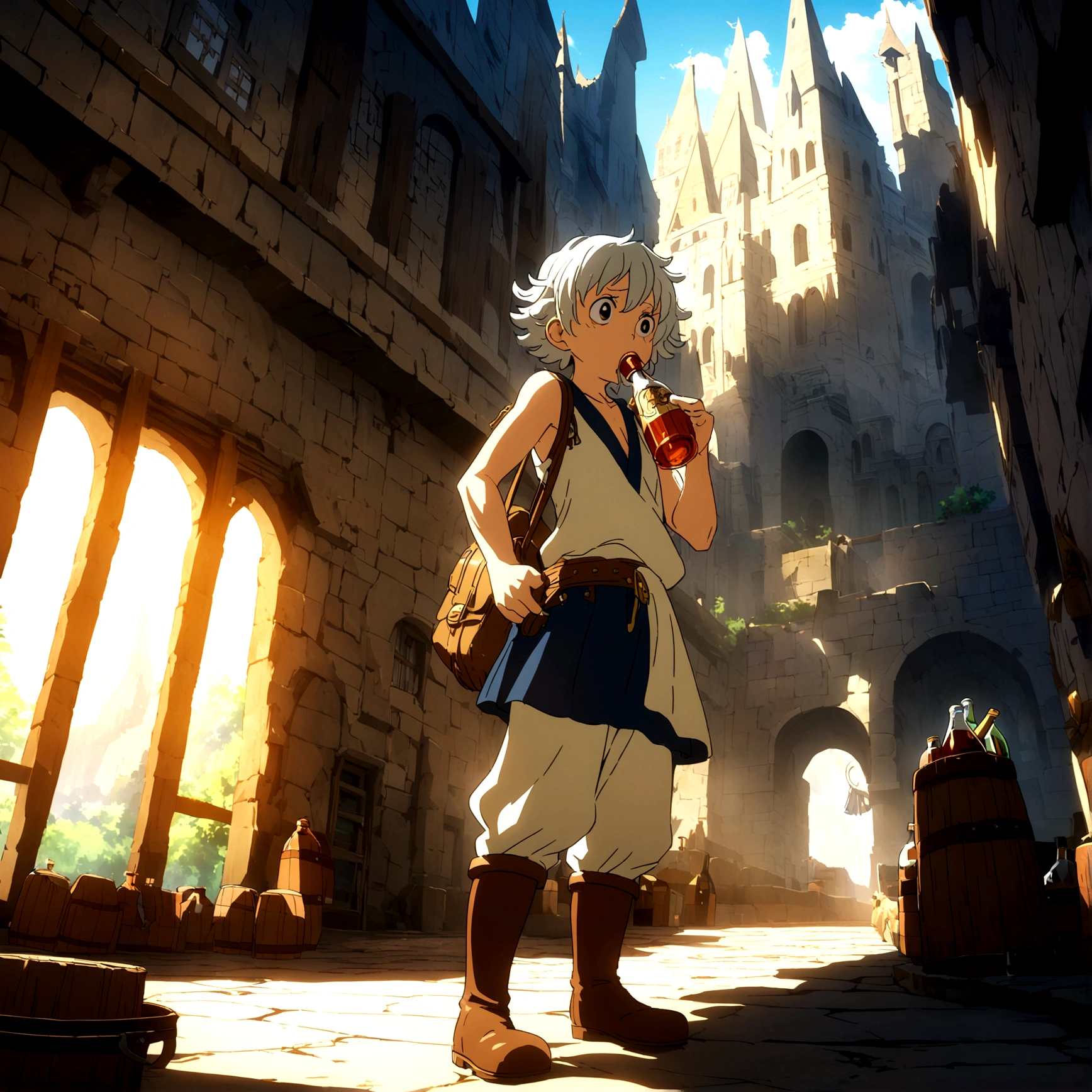 35-year-old small human, unkempt appearance, small and sturdy body, disheveled hair and smart eyes, pointed nose, tired look due to drinking, hands wrapped in bandages, mengigo's clothes with a short tunic, pants and light boots, carries a small leather bag attached to his belt with small bottles of liquor, "Anime design inspired by One Piece, filled with dramatic and impressive lighting, infused with creative details, ultra-fine 2D design, scenery bathed in creativity, boasting 2D anime resolution clarity, HD anime graphics, high-octane rendering"