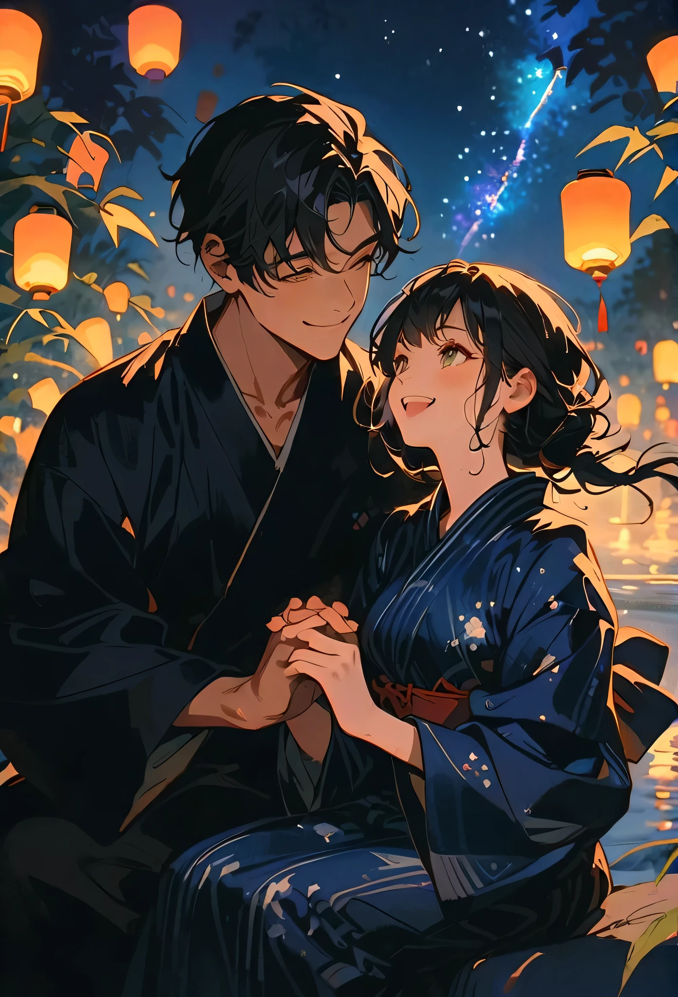 A couple in yukata smiling at each other, sitting by the river on their way back from a fireworks festival. The woman is wearing a blue yukata and the man is wearing a black yukata. They are holding hands and leaning towards each other, looking up at the starry night sky with the Milky Way beautifully visible. In the background, there is a flowing river, bamboo forest, and softly glowing lanterns