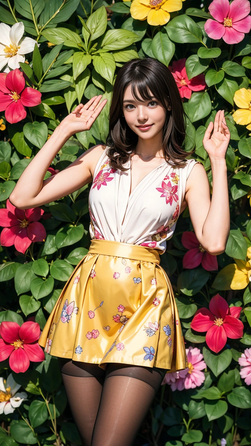 ((masterpiece)),(((Highest quality))),Thin thighs,Long legs,whole body:1.5,(One Girl:1.3),(Black pantyhose and thick pointy heels:1.3),(Wearing a mini mini flare skirt dress with floral or ornamental plant patterns:1.2),Short Blonde:1.2、Model pose,high waist:1.5、Stand with your feet apart:1.5,Raise your hands horizontally and strike a cute pose:1.5,The best smile:1.5,