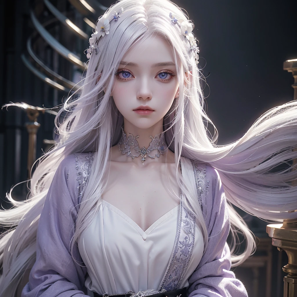 A girl with magic around her,pale skin,white hair, highest detailed hair, long hair,white iris,eyes with a very light shade of purple with extreme detail,coloured,very detailed scenery,with much detailed acessories,uniquevisualeffect