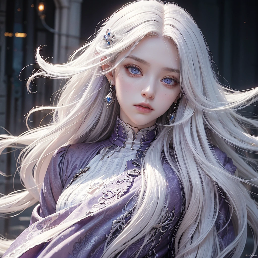 A girl with magic around her,pale skin,white hair, highest detailed hair, long hair,white iris,eyes with a very light shade of purple with extreme detail,coloured,very detailed scenery,with much detailed acessories,uniquevisualeffect