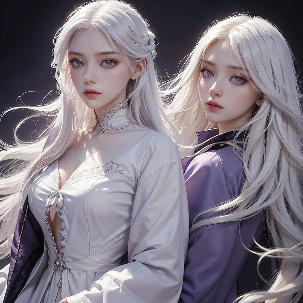 A girl with magic around her,pale skin,white hair, highest detailed hair, long hair,white iris,eyes with a very light shade of purple with extreme detail,coloured,very detailed scenery,with much detailed acessories,uniquevisualeffect