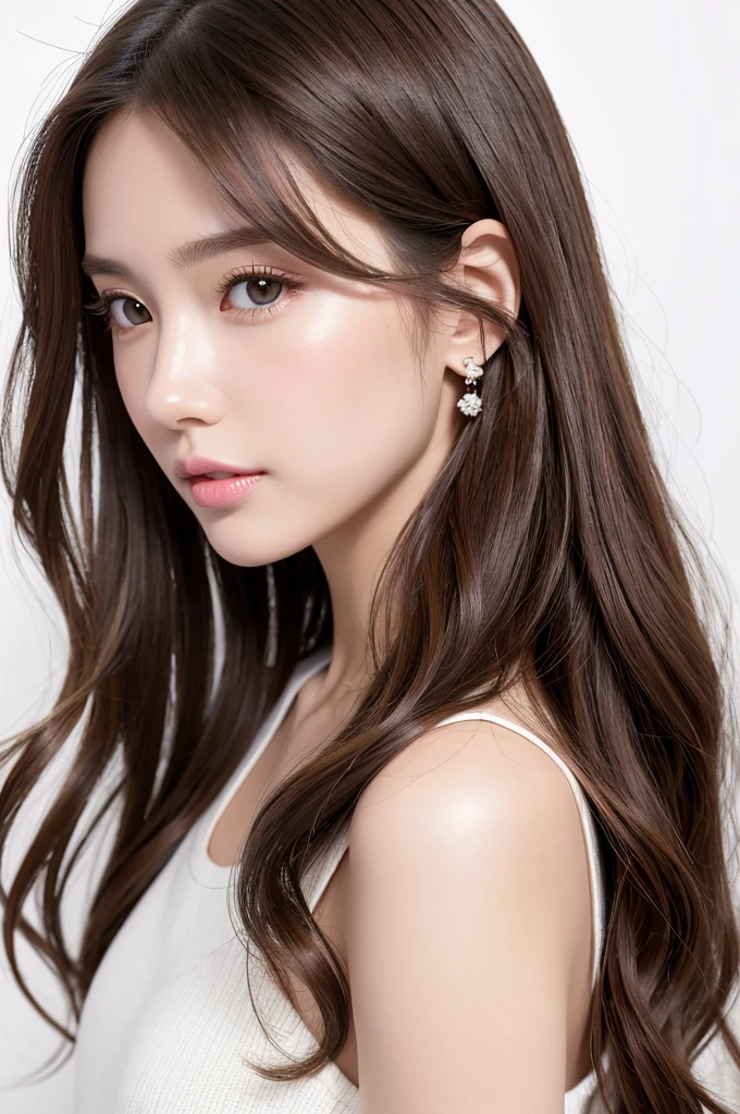 (Highest quality、Tabletop、8K、Best image quality、Award-winning works)、((profile:1.4))、ear、((Long Hair:1.46)),(Brown Hair)、(White casual clothes:1.2)、(The simplest pure white background:1.3)、(Perfectly fixed in front:1.1),(Portrait with Space:1.2)、Beautiful and exquisite、Perfect Makeup、Ultra-high definition beauty face、Ultra HD Hair、Ultra HD Shining Eyes、Super high quality glossy lip、Accurate anatomy、Very beautiful skin、(Pure white skin shining in ultra-high resolution:1.1)、(Very bright:1.2),Big Natural Color Lip、Lip gloss,Harajuku、cute、cute美人