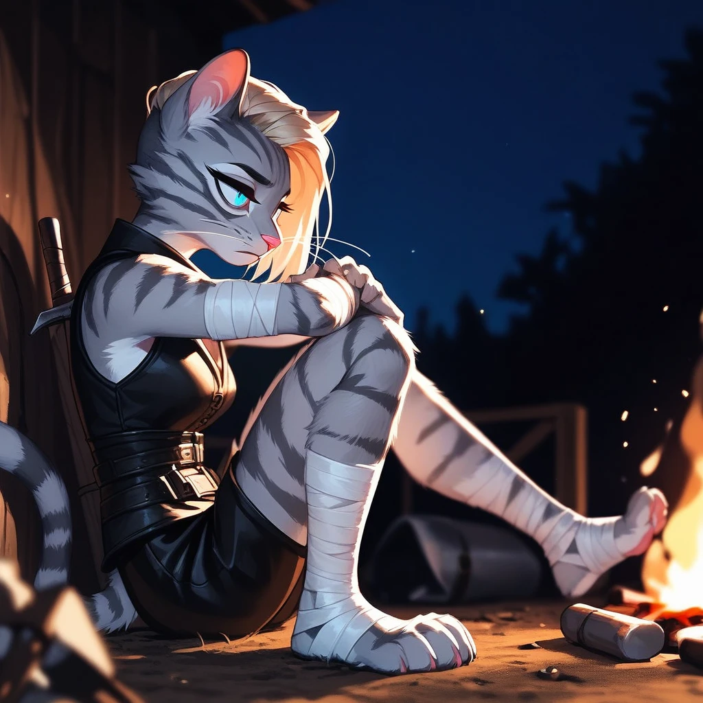 Solo, score_9,score_8_up,score_7_up, source_cartoon, cartoon, kat, Anthro furry feline, female, tall slender body, long blonde hair, long undercut hair, pink nose, blue eyes, white whiskers, silver fur, grey stripes, furry body, wearing black cloth vest, black leather medieval vest, black short shorts, adventuring gear, feet wrapped in bandages, plantigrade feet paws, sitting on the ground, in front of a campfire, tired expression, bags under eyes, at a campsite at night, other mercenaries in the background in the shadows, side view