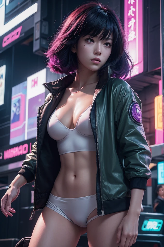 female character, mango, 80s colors, cyberpunk, ghost in the shell, Motoko Kuzanagi