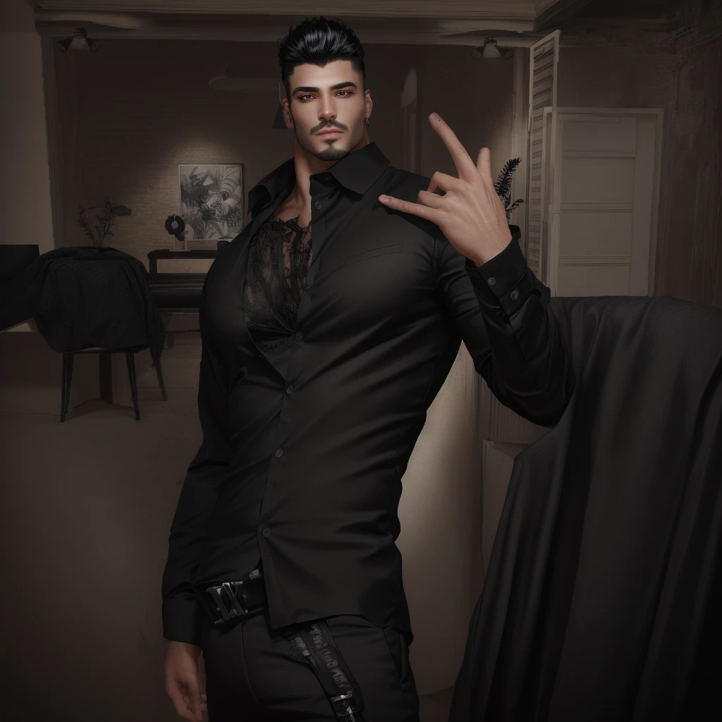 trimmed man in black shirt and black pants posing for a photo, second life avatar, ovelha,inspired by Ludovit Fulla, he is wearing a black blouse (beautiful eyes detailed best quality), (detailed realistic face), (realistic beautiful black hair), (high detailed realistic black hair), (detailed black eyes)