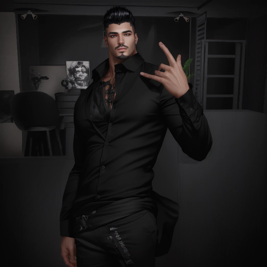trimmed man in black shirt and black pants posing for a photo, second life avatar, ovelha,inspired by Ludovit Fulla, he is wearing a black blouse (beautiful eyes detailed best quality), (detailed realistic face), (realistic beautiful black hair), (high detailed realistic black hair), (detailed black eyes)