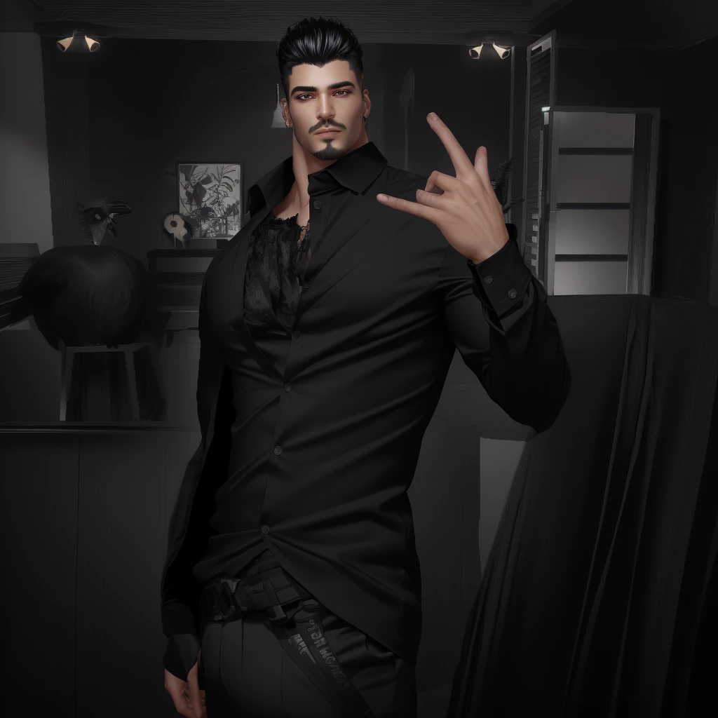 trimmed man in black shirt and black pants posing for a photo, second life avatar, ovelha,inspired by Ludovit Fulla, he is wearing a black blouse (beautiful eyes detailed best quality), (detailed realistic face), (realistic beautiful black hair), (high detailed realistic black hair), (detailed black eyes)
