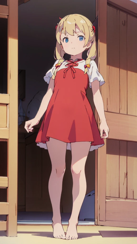 ((masterpiece))((Highest quality))Standing upright、Blonde twin tails、(So that your whole body can be seen)、Directly in front、No background、(Put your feet on the ground)low length、、Flat Chest、Are thin、Red dress
