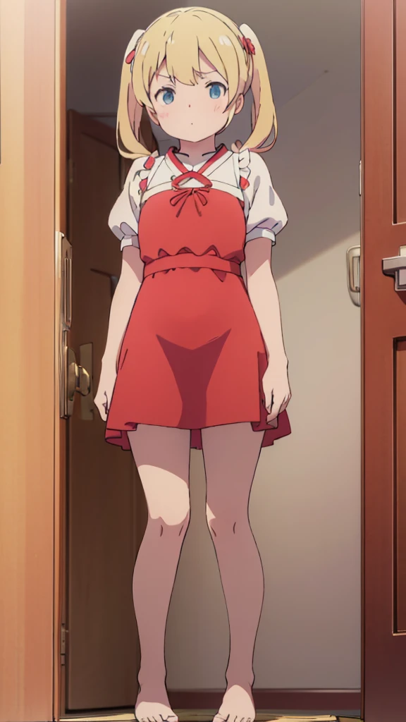 ((masterpiece))((Highest quality))Standing upright、Blonde twin tails、(So that your whole body can be seen)、Directly in front、No background、(Put your feet on the ground)low length、、Flat Chest、Are thin、Red dress