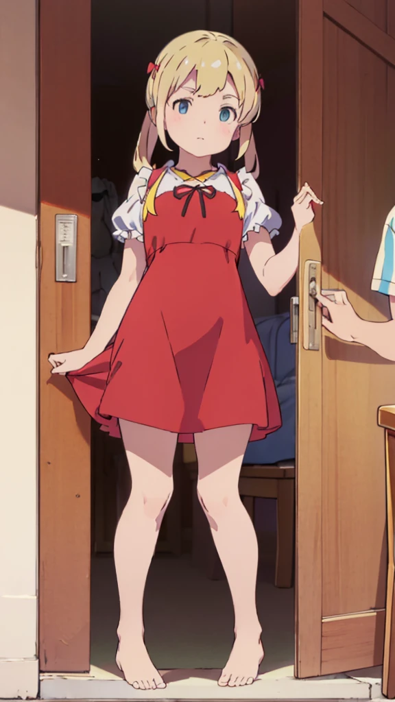 ((masterpiece))((Highest quality))Standing upright、Blonde twin tails、(So that your whole body can be seen)、Directly in front、No background、(Put your feet on the ground)low length、、Flat Chest、Are thin、Red dress