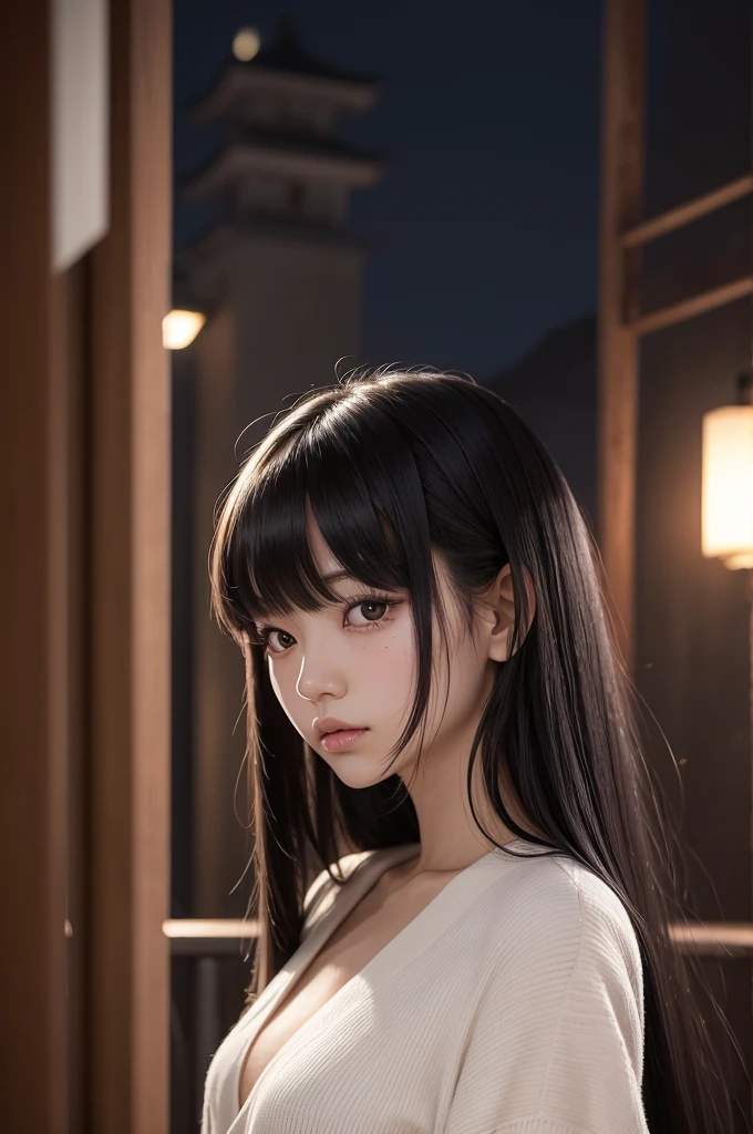 A Japanese girl, with long, black hair that reaches her waist, she has bangs. Her name is Tsuki. His eyes are red and underneath there is a mole above his cheekbone.. Her height and weight are proportionate for a young woman. Under the hidden moonlight 