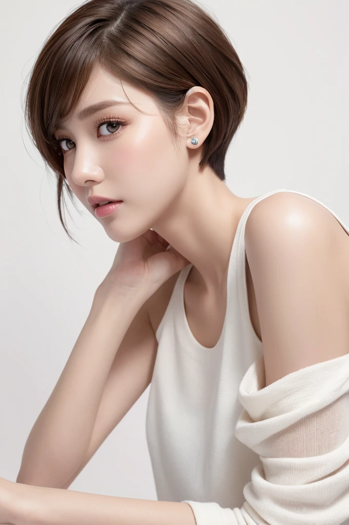 (Highest quality、Tabletop、8K、Best image quality、Award-winning works)、((profile:1.4))、ear、((short hair:1.46)),(Brown Hair)、(White casual clothes:1.2)、(The simplest pure white background:1.3)、(Perfectly fixed in front:1.1),(Portrait with Space:1.2)、Beautiful and exquisite、Perfect Makeup、Ultra-high definition beauty face、Ultra HD Hair、Ultra HD Shining Eyes、Super high quality glossy lip、Accurate anatomy、Very beautiful skin、(Pure white skin shining in ultra-high resolution:1.1)、(Very bright:1.2),Big Natural Color Lip、Lip gloss,Harajuku、cute、cute美人