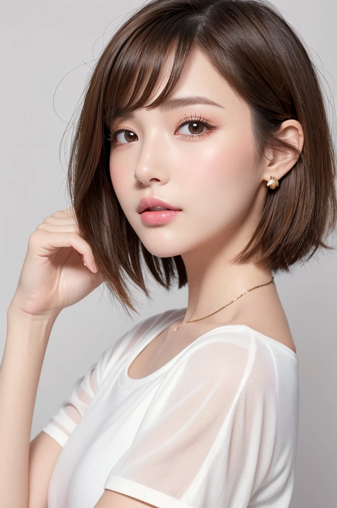 (Highest quality、Tabletop、8K、Best image quality、Award-winning works)、((profile:1.4))、ear、((short hair:1.46)),(Brown Hair)、(White casual clothes:1.2)、(The simplest pure white background:1.3)、(Perfectly fixed in front:1.1),(Portrait with Space:1.2)、Beautiful and exquisite、Perfect Makeup、Ultra-high definition beauty face、Ultra HD Hair、Ultra HD Shining Eyes、Super high quality glossy lip、Accurate anatomy、Very beautiful skin、(Pure white skin shining in ultra-high resolution:1.1)、(Very bright:1.2),Big Natural Color Lip、Lip gloss,Harajuku、cute、cute美人