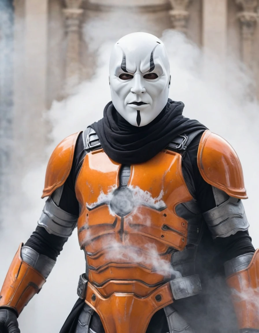 (extremely detailed 8k wallpaper), a medium shot photo of  Grim dressed as a scary masked white smoke-supervillain in an orange armour made of white glowing armour from marvel, theme, intricate, high detail, dramatic, old building with white Shadows in the background