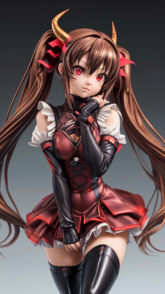 (hyper extreme detailed),(masterpeace),(hyper extreme),(photorealistic),CG,(colour:1.2), beautiful lighting,light from the front,rating:safe,solo, haruna,four horns,brown_hair,twintails,long_hair,red eyes,hair_ornament,zettai_ryouiki,thigh_boots,short_dress,wide_sleeves,black pants,