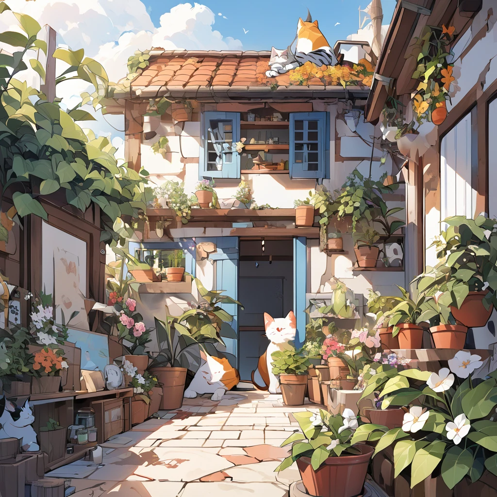 Seaside brick house、A very cute is playing with a cat、Foliage plant、Beautiful flowers、