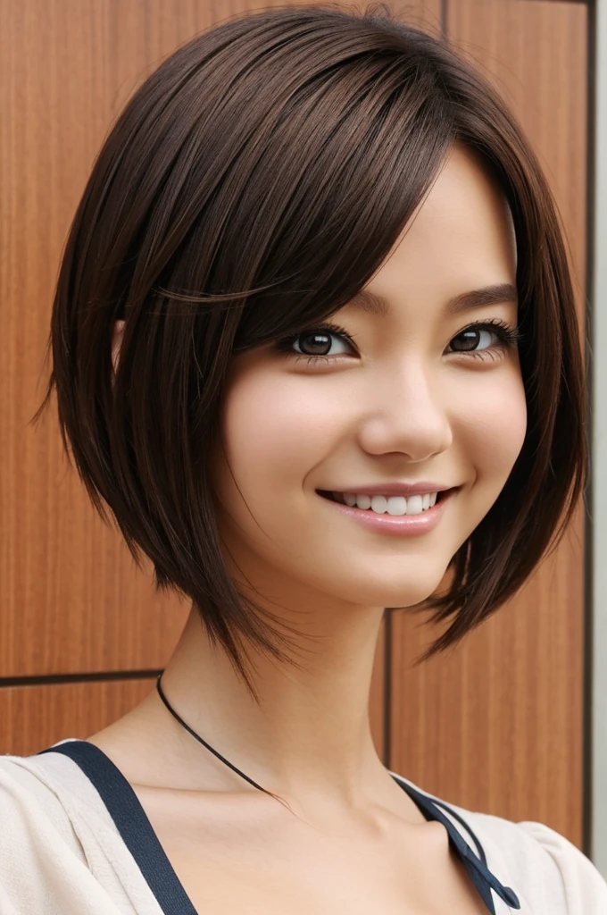 Anime character oc woman short hair a mole brown hair and pretty smile