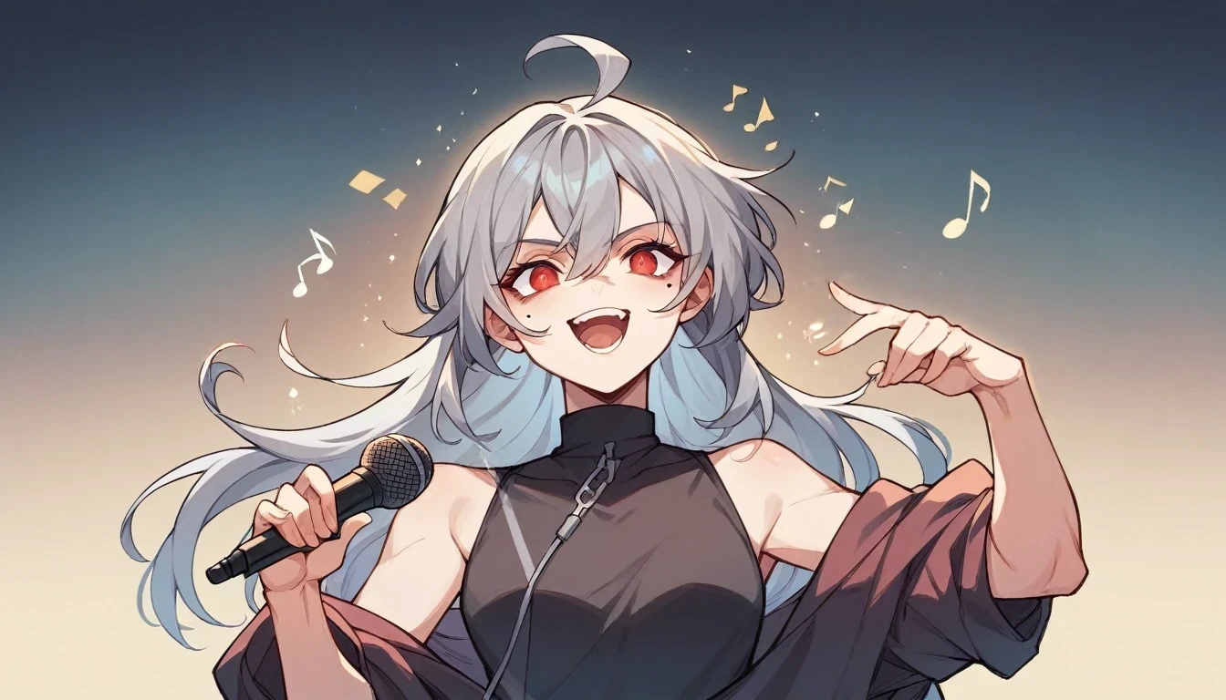 1 teen girl character。Full body portrait、gray hair color、Glowing red eyes、Long Hair、There is a mole under the left eye、Singing with a microphone、On a transparent background、Depict people only。