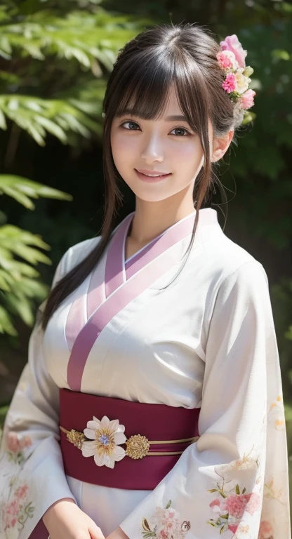 (Photorealsitic:1.4), (Top image quality:1.0), (超hight resolution:1.0), 8K, Raw photography, (masterpiece:0.2), (pureerosface_v1:0.5)、(Best Quality Detail:1.2)、realisitic、8K UHD、hight resolution、(1girl in:1.2)、The ultra-detailed、High quality textures、intricate detailes、detaileds、Very detailed CG、High quality shadows、Detail Beautiful delicate face、Detail Beautiful delicate eyes、depth of fields、Ray traching,1girl in, japanaese girl, Cute, slender, Kimono with Japanese pattern,Floral scrunchie, Beautiful skin, Facing the front,Country of Japan,Japanese garden,Luxury Japanese-style room, skyporn, Magic Hour, (Realistic:1.3), Finely detailed pussies, quality, (masutepiece:1.2), (Photorealistic:1.2), (Best Quality), (Intricate details), Dramatic, Ray tracing, photograph, Natural smile