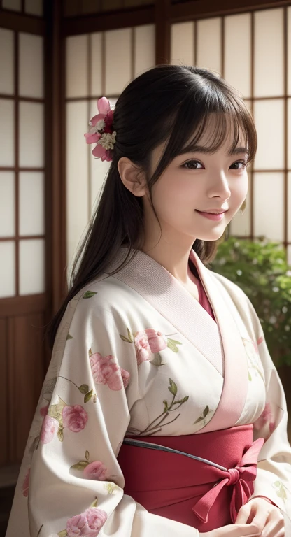 (Photorealsitic:1.4), (Top image quality:1.0), (超hight resolution:1.0), 8K, Raw photography, (​masterpiece:0.2), (pureerosface_v1:0.5)、(Best Quality Detail:1.2)、realisitic、8K UHD、hight resolution、(1girl in:1.2)、The ultra-detailed、High quality textures、intricate detailes、detaileds、Very detailed CG、High quality shadows、Detail Beautiful delicate face、Detail Beautiful delicate eyes、depth of fields、Ray traching,1girl in, japanaese girl, Cute, slender, Kimono with Japanese pattern,Floral scrunchie, Beautiful skin, Facing the front,Country of Japan,Japanese garden,Luxury Japanese-style room, skyporn, Magic Hour, (Realistic:1.3), Finely detailed pussies, quality, (masutepiece:1.2), (Photorealistic:1.2), (Best Quality), (Intricate details), Dramatic, Ray tracing, photograph, Natural smile