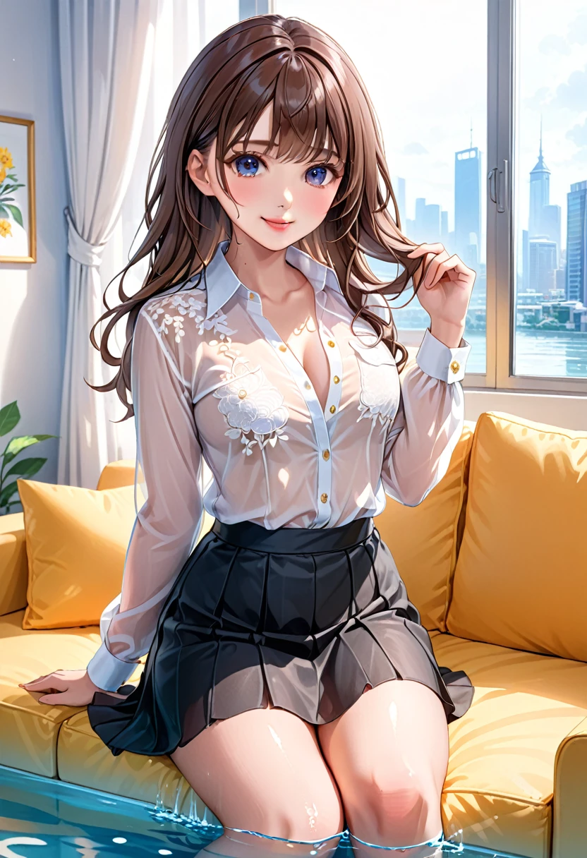 ((masterpiece, Best Quality, high resolution, 2D anime, 4K)), 20yo attractive female, Solo, pretty、cowboy shot、 ((long Wave Hair, Bangs, Brown hair)), ((slit eyes, Beautiful eyelashes, Realistic eyes)), ((natural makeup, watery lip, Detailed face, Blushing:1.2)), ((Smooth texture:0.75, Realistic texture:0.65, Photorealistic:1.1)), medium breasts, Perfect body, ((taking off unbuttoned casual clothes, see-through White business shirt, Black tight skirt、、bare foot:1.3)), bedroom without people、Sit on a couch、Lower angle, taking foot off、early evening、Very embarrassing smile、(Lift the skirt with your right hand、Open both legs、Open your knees wide、Light blue floral lace panties)、、(Cute floral bra)、Angle from below