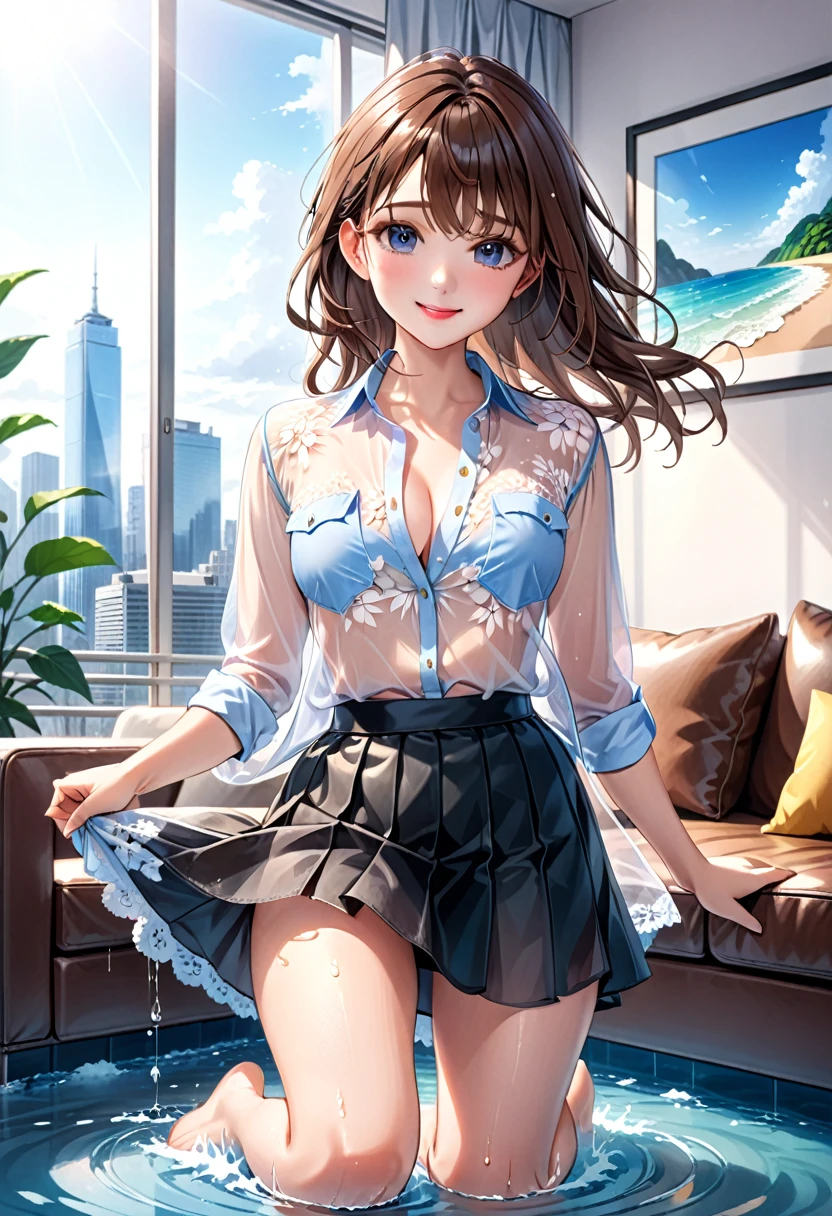 ((masterpiece, Best Quality, high resolution, 2D anime, 4K)), 20yo attractive female, Solo, pretty、cowboy shot、 ((long Wave Hair, Bangs, Brown hair)), ((slit eyes, Beautiful eyelashes, Realistic eyes)), ((natural makeup, watery lip, Detailed face, Blushing:1.2)), ((Smooth texture:0.75, Realistic texture:0.65, Photorealistic:1.1)), medium breasts, Perfect body, ((taking off unbuttoned casual clothes, see-through White business shirt, Black tight skirt、、bare foot:1.3)), bedroom without people、Sit on a couch、Lower angle, taking foot off、early evening、Very embarrassing smile、(Lift the skirt with your right hand、Open both legs、Open your knees wide、Light blue floral lace panties)、、(Cute floral bra)、Angle from below