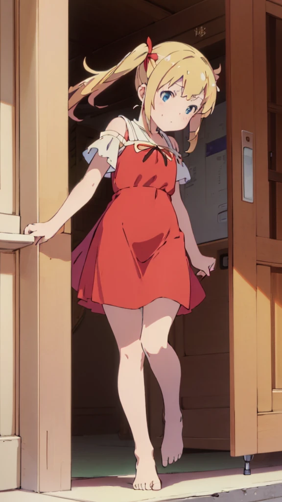 ((masterpiece))((Highest quality))Standing upright、Blonde、Long twin tails、(So that your whole body can be seen)、Directly in front、No background、(Put your feet on the ground)low length、、Flat Chest、Are thin、Red dress