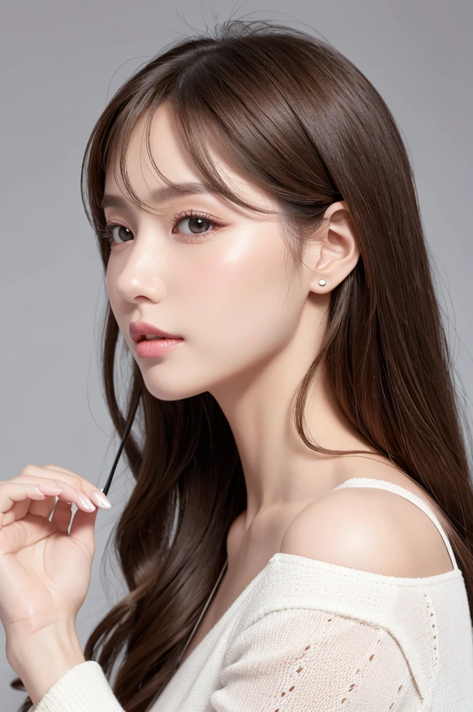 (Highest quality、Tabletop、8K、Best image quality、Award-winning works)、((profile:1.4))、ear、((Long Hair:1.46)),(Brown Hair)、(White casual clothes:1.2)、(The simplest pure white background:1.3)、(Perfectly fixed in front:1.1),(Portrait with Space:1.2)、Beautiful and exquisite、Perfect Makeup、Ultra-high definition beauty face、Ultra HD Hair、Ultra HD Shining Eyes、Super high quality glossy lip、Accurate anatomy、Very beautiful skin、(Pure white skin shining in ultra-high resolution:1.1)、(Very bright:1.2),Big Natural Color Lip、Lip gloss,Harajuku、cute、cute美人