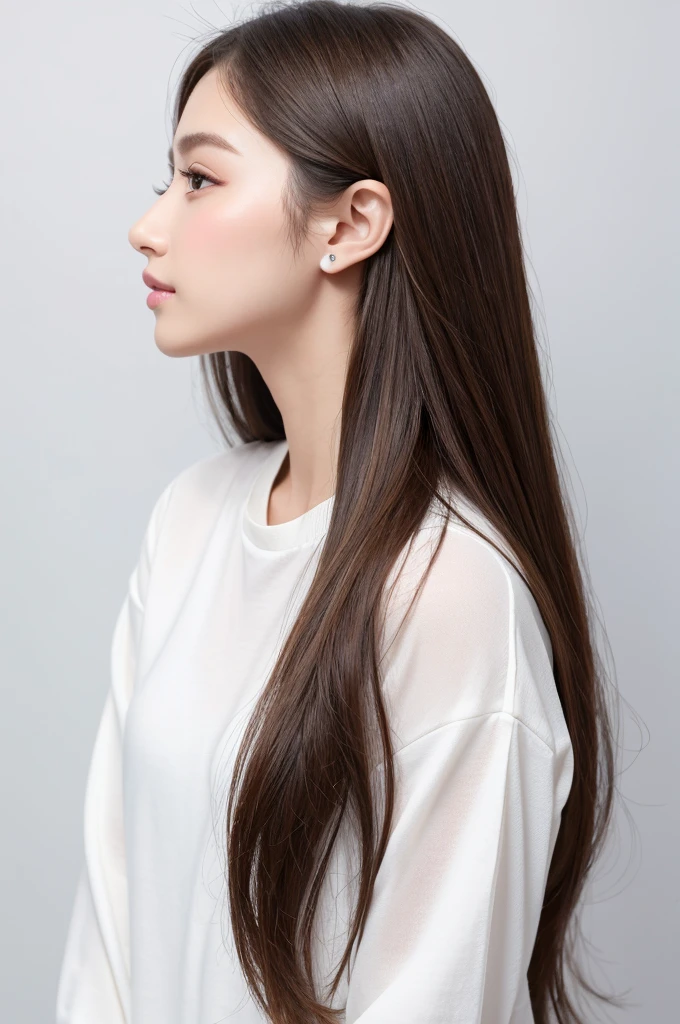 (Highest quality、Tabletop、8K、Best image quality、Award-winning works)、((profile:1.4))、ear、((Long Hair:1.46)),(Brown Hair)、(White casual clothes:1.2)、(The simplest pure white background:1.3)、(Perfectly fixed in front:1.1),(Portrait with Space:1.2)、Beautiful and exquisite、Perfect Makeup、Ultra-high definition beauty face、Ultra HD Hair、Ultra HD Shining Eyes、Super high quality glossy lip、Accurate anatomy、Very beautiful skin、(Pure white skin shining in ultra-high resolution:1.1)、(Very bright:1.2),Big Natural Color Lip、Lip gloss,Harajuku、cute、cute美人