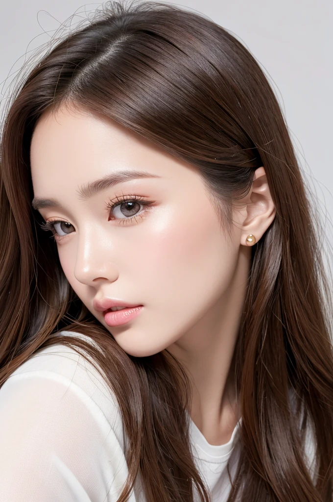 (Highest quality、Tabletop、8K、Best image quality、Award-winning works)、((profile:1.4))、ear、((Long Hair:1.46)),(Brown Hair)、(White casual clothes:1.2)、(The simplest pure white background:1.3)、(Perfectly fixed in front:1.1),(Portrait with Space:1.2)、Beautiful and exquisite、Perfect Makeup、Ultra-high definition beauty face、Ultra HD Hair、Ultra HD Shining Eyes、Super high quality glossy lip、Accurate anatomy、Very beautiful skin、(Pure white skin shining in ultra-high resolution:1.1)、(Very bright:1.2),Big Natural Color Lip、Lip gloss,Harajuku、cute、cute美人