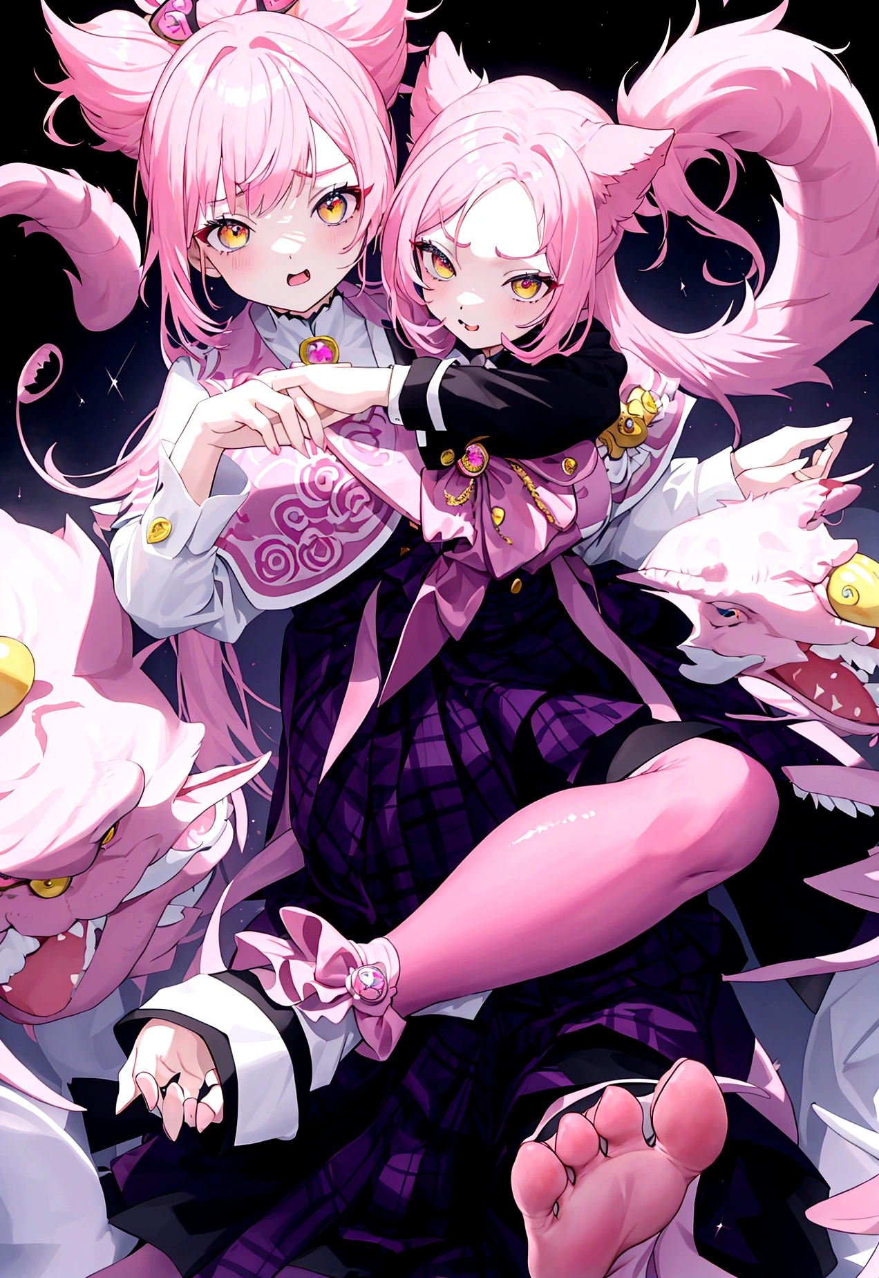 1 girl, The only daughter of a chaebol,School bully,Arrogant,rude, Pink Hair, Double tail,,Middle-parted bangs, Ferocious face,Blue and yellow eyes, Pink Lolita,Foot on people