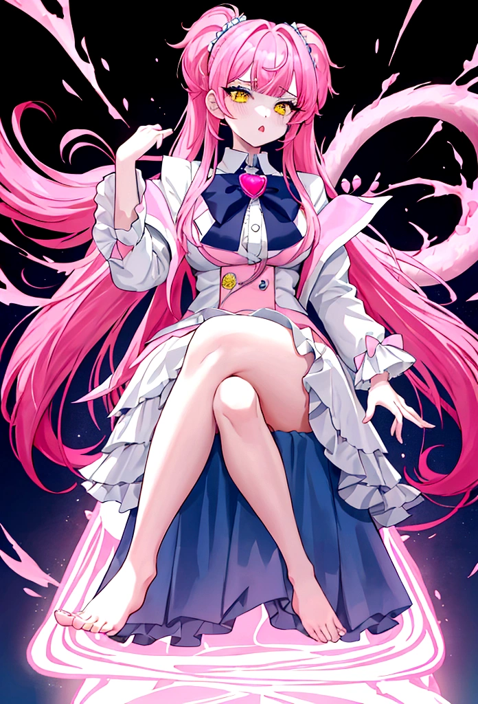 1 girl, The only daughter of a chaebol，School bully,Arrogant，rude, Pink Hair, Double tail,，Middle-parted bangs， Ferocious face，Blue and yellow eyes, Pink ta，Foot on people