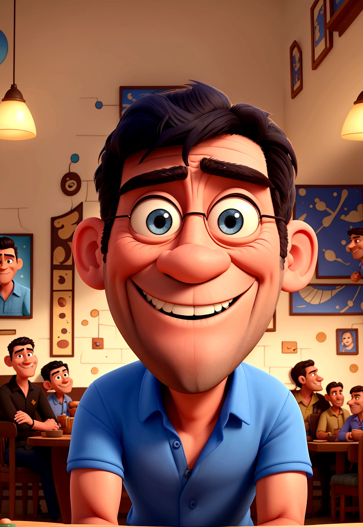 Disney Pixar style drawing of a man with a normal physique, 60 years old, smiling with teeth showing in blue shirt, with very short black hair, without glasses, wide face and wide eyebrows, very short beard, sitting on a chair in a restaurant and in the background a painting saying 'Ricardo'