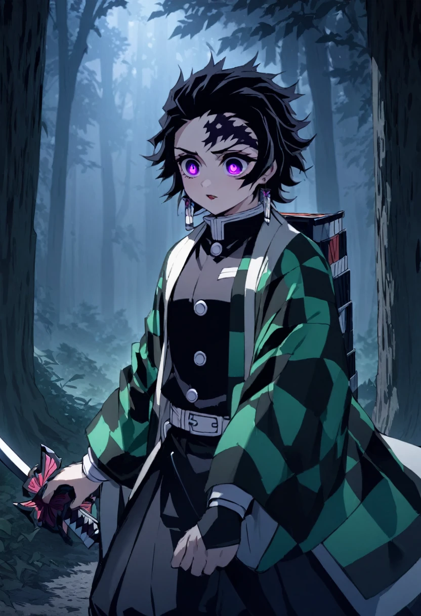 ultra detaild,high resolution, absurderes,hdr, work of art,from the shadows, long black hair,violet eyes,haori violeta com eyeshadows preta,Kimetsu no Yaiba,costumes,chamas das eyeshadows,,picking up a sword,alone in the forest,magie,great quality,extremly detailed face and eyes,eyeshadows,picking up a sword,com poder das eyeshadows, respiração das eyeshadows na espada,((((from the shadows from demon Slayer))))