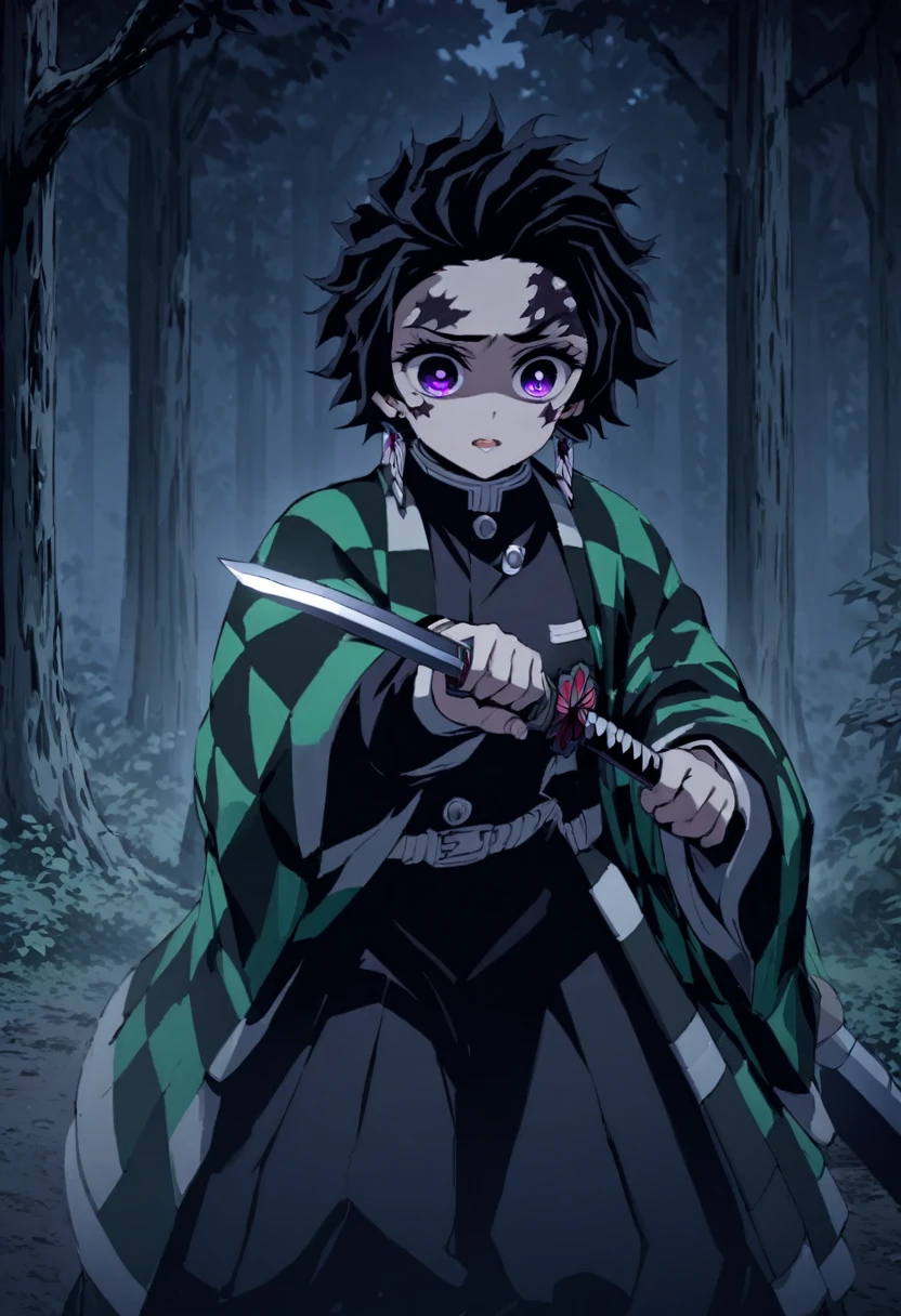 ultra detaild,high resolution, absurderes,hdr, work of art,from the shadows, long black hair,violet eyes,haori violeta com eyeshadows preta,Kimetsu no Yaiba,costumes,chamas das eyeshadows,,picking up a sword,alone in the forest,magie,great quality,extremly detailed face and eyes,eyeshadows,picking up a sword,com poder das eyeshadows, respiração das eyeshadows na espada,((((from the shadows from demon Slayer))))