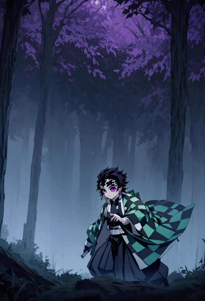 ultra detaild,high resolution, absurderes,hdr, work of art,from the shadows, long black hair,violet eyes,haori violeta com eyeshadows preta,Kimetsu no Yaiba,costumes,chamas das eyeshadows,,picking up a sword,alone in the forest,magie,great quality,extremly detailed face and eyes,eyeshadows,picking up a sword,com poder das eyeshadows, respiração das eyeshadows na espada,((((from the shadows from demon Slayer))))