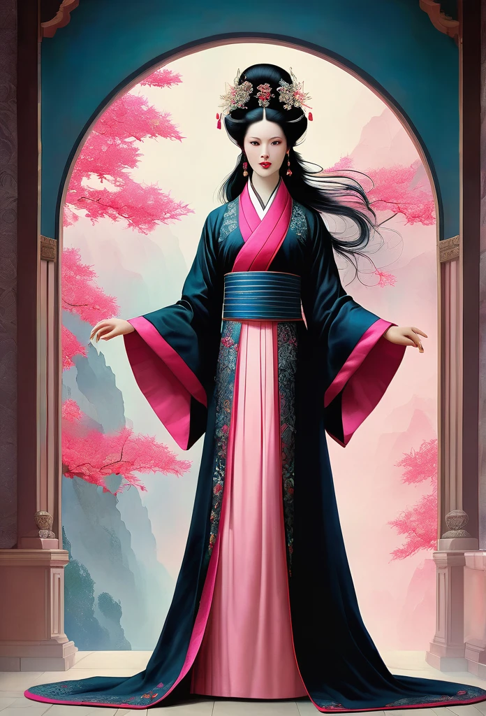 (full body:1.8), portrait of a beautiful empress, blue glowing eyes, imposing look, strong pose, porcelain skin, long black hair, ornate traditional robe, Harrison Fisher and Catrin Welz-Stein art style, vivid colors, pink color palette, highly detailed, cinematic lighting, dramatic pose, elegant, graceful, regal, intricate details, masterpiece, photorealistic, 8k, best quality