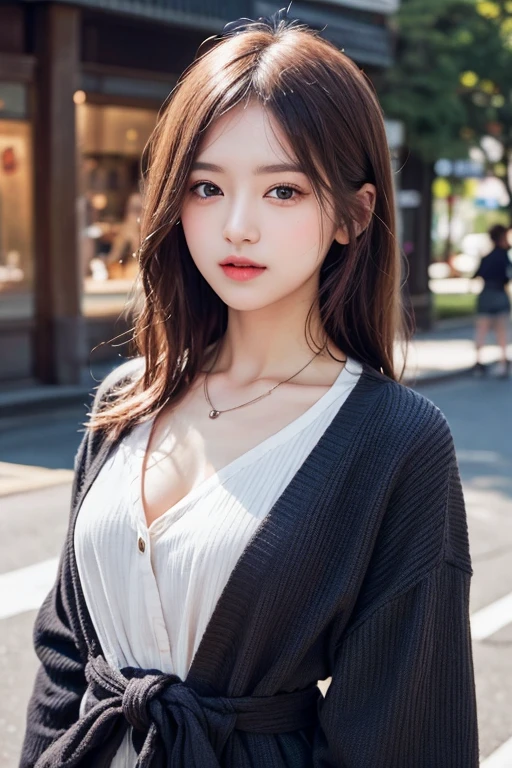 masterpiece, best image quality, high quality, beautiful girl, Japanese, Japan , popular korean makeup,, cardigan、 detailed, Swollen eyes, detailed eye, fine skin, beautiful skin, Super high resolution, (reality:1.4), very very beautiful, a little young face, beautiful skin, thin, (Ultra-realistic), (High resolution), (8K), (Beautifully detailed eyes), (Super detailed), (wall-), (Detailed face), looking at the viewer, finely、detailed face、Pure erotic face ace_v1、laughter、look straight ahead、Looks straight from the waist up、Realistic photos、bright lighting、hair length、winter city