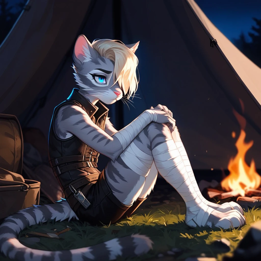 Solo, score_9,score_8_up,score_7_up, source_cartoon, cartoon, kat, Anthro furry feline, female, tall slender body, long blonde hair, long undercut hair, hair covering eye, pink nose, blue eyes, white whiskers, silver fur, grey stripes, furry body, wearing black cloth vest, black leather medieval vest, black short shorts, adventuring gear, feet wrapped in bandages, plantigrade feet paws, sitting on the ground, in front of a campfire, tired expression, bags under eyes, at a campsite at night, other mercenaries in the background in the shadows, side view, looking at the campfire, a tent behind her